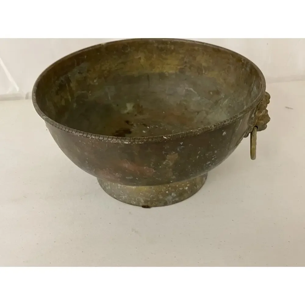 Old Antique/Vintage Middle Eastern Copper Etched Footed Bowl Lion Head Ring